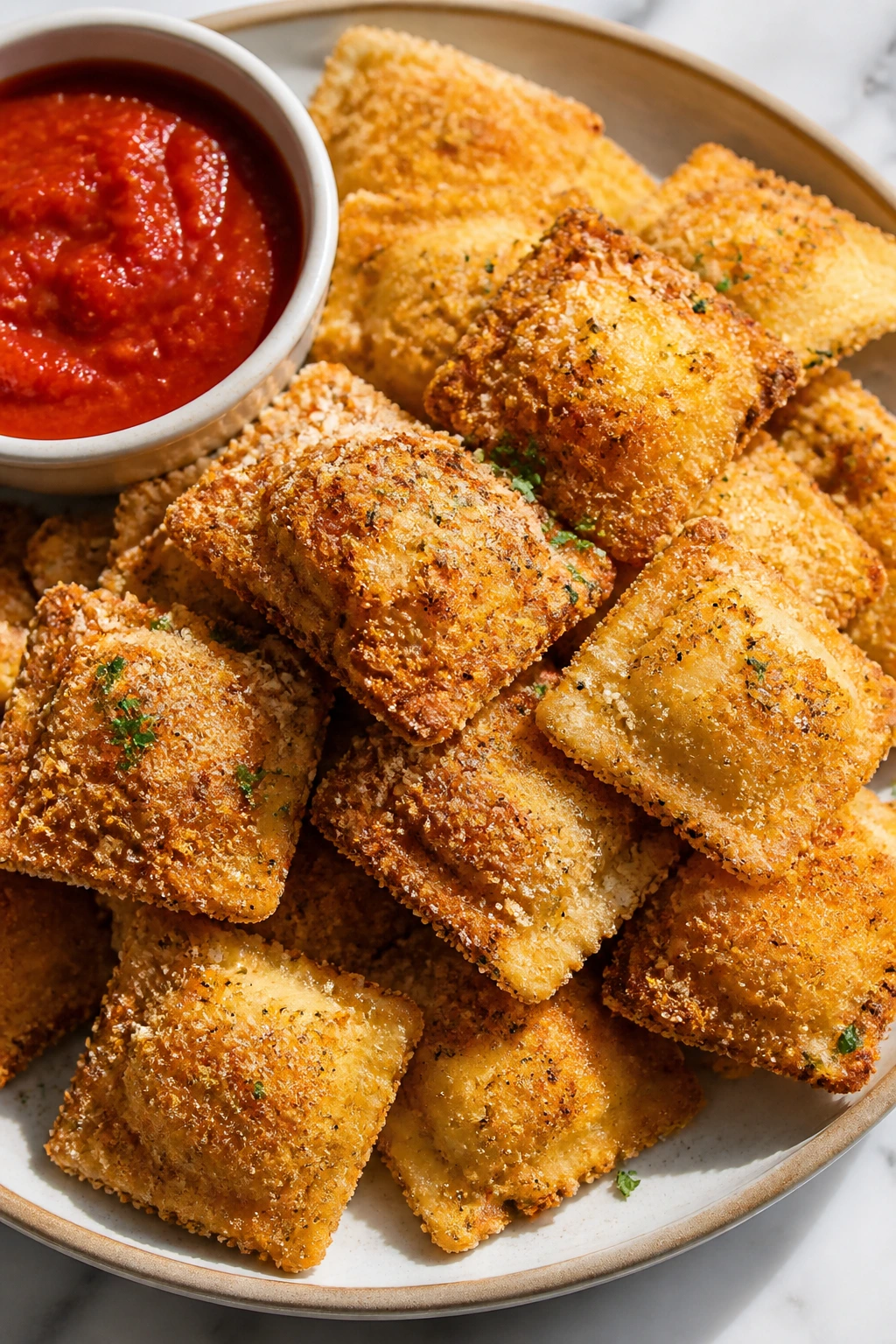 Crispy air-fryer ravioli bites on a plate with marinara