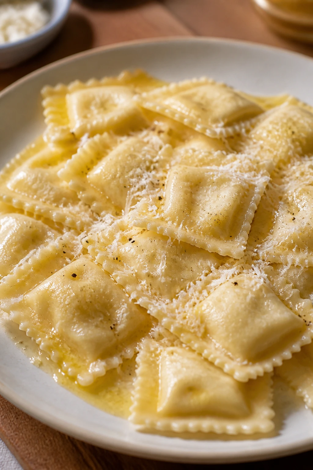 Ravioli with butter and parmesan on plate