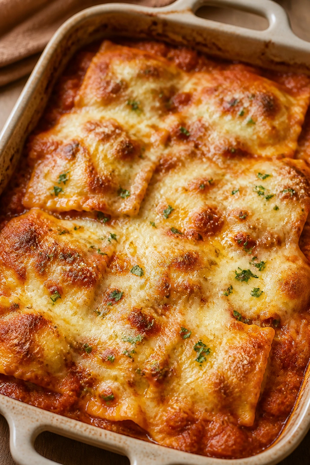Bubbly cheesy baked ravioli in casserole dish