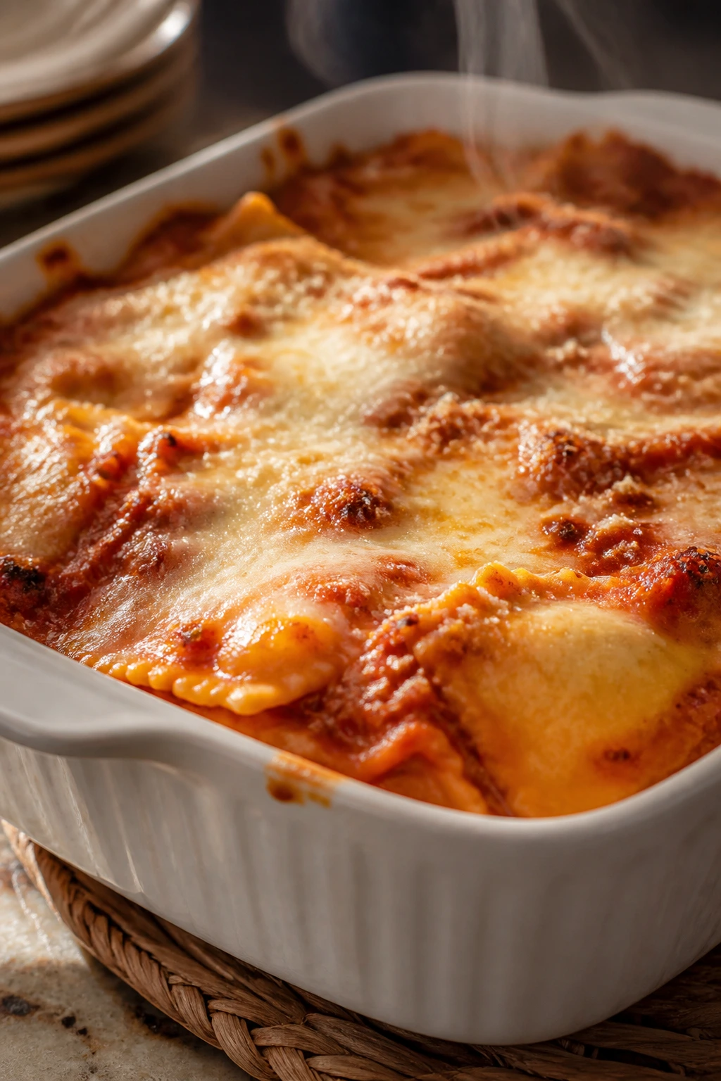 Close-up of baked ravioli casserole with bubbling cheese