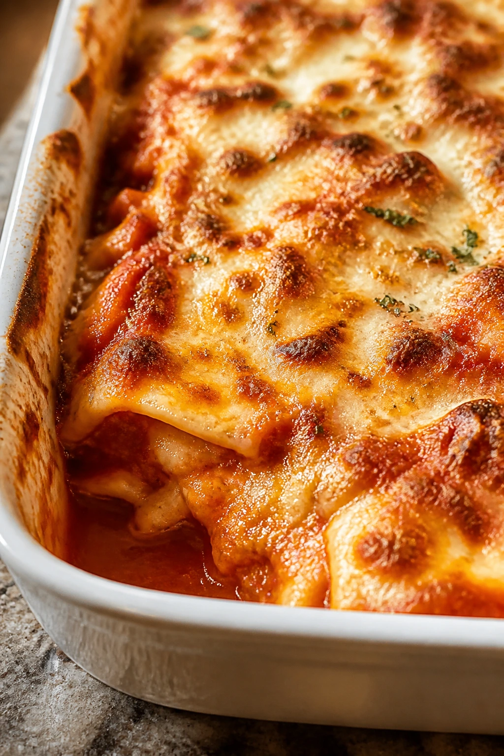 Corner view of baked ravioli casserole with bubbling sauce