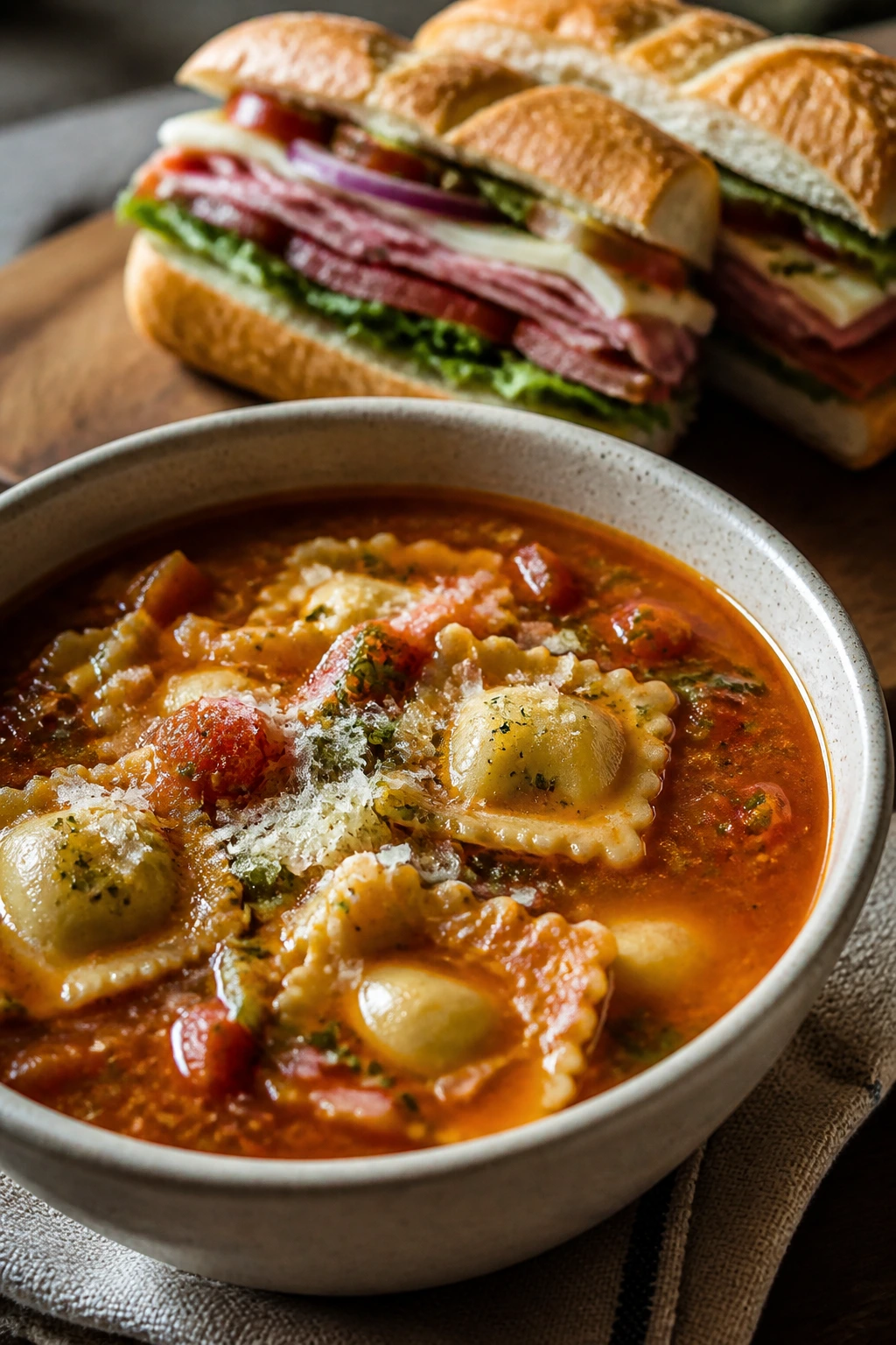 Creamy ravioli soup with an Italian grinder sandwich on a wooden table
