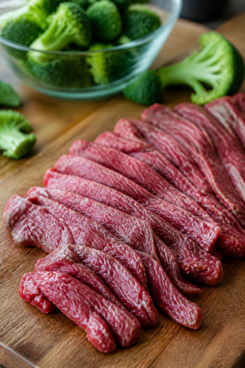 Raw flank steak slices on a cutting board ready for stir-fry