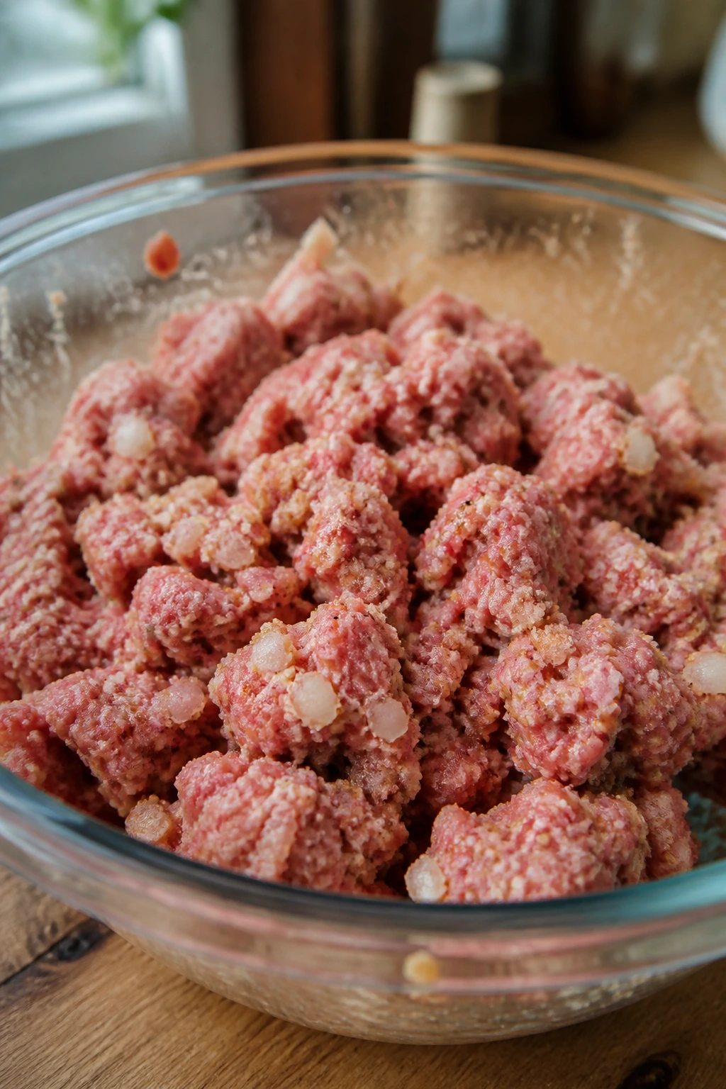 Close-up of shaggy raw beef mixture in glass bowl on wooden counter