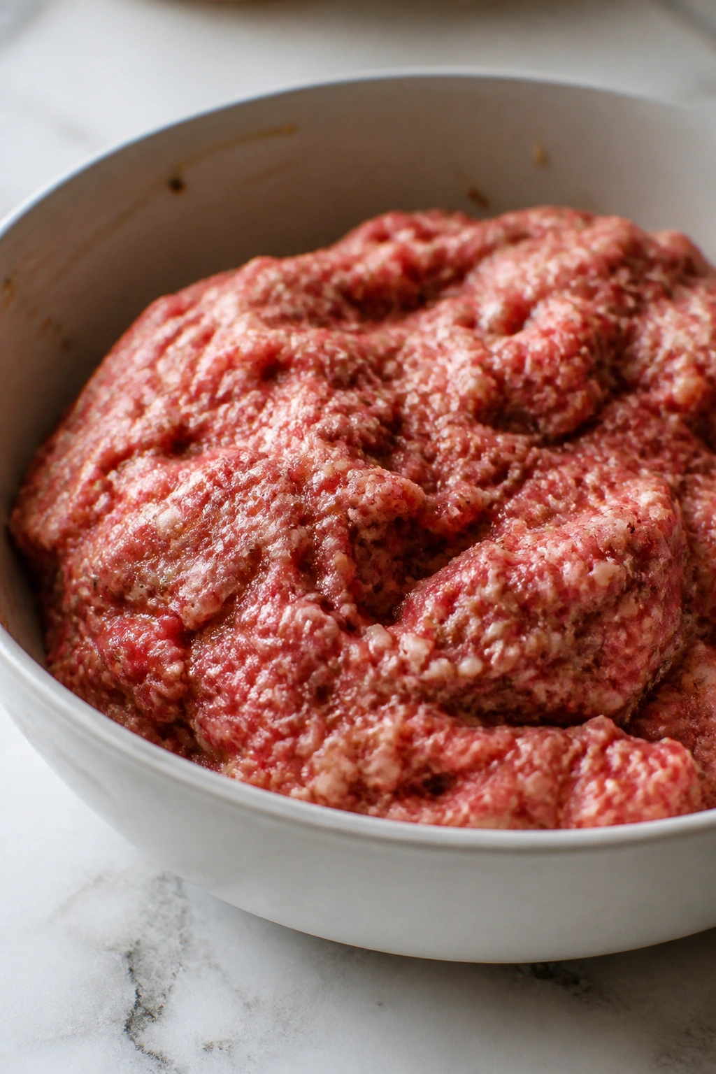Close-up of raw beef sausage mixture in a bowl with onion paste and herbs.