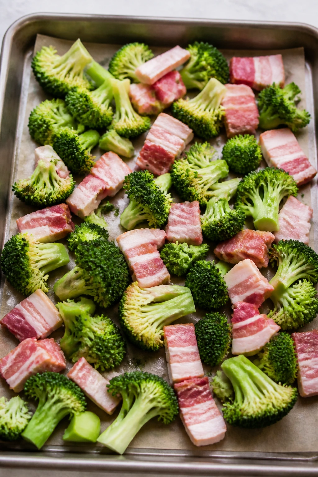 Raw broccoli florets and thick-cut bacon on a sheet pan