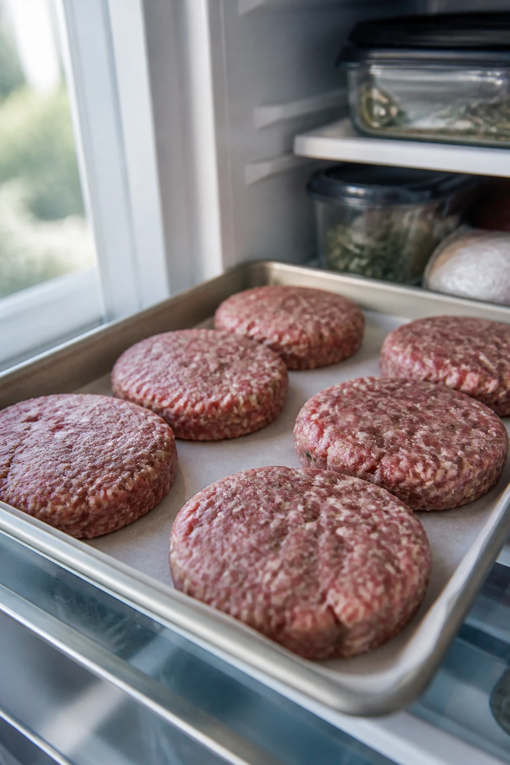Raw burger patties on parchment in fridge for make-ahead prep