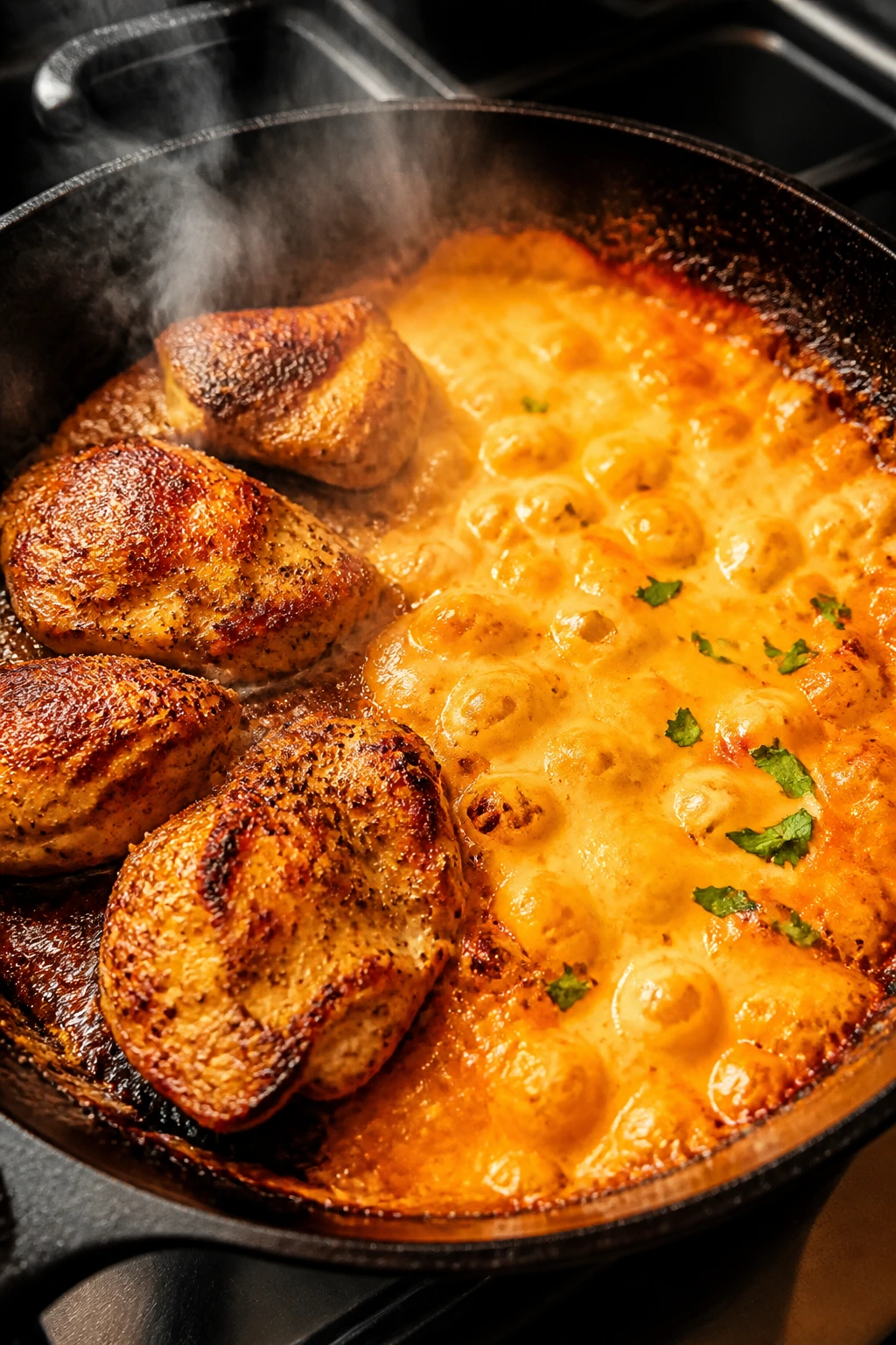 Chicken and bubbling cheese in skillet during step-by-step prep