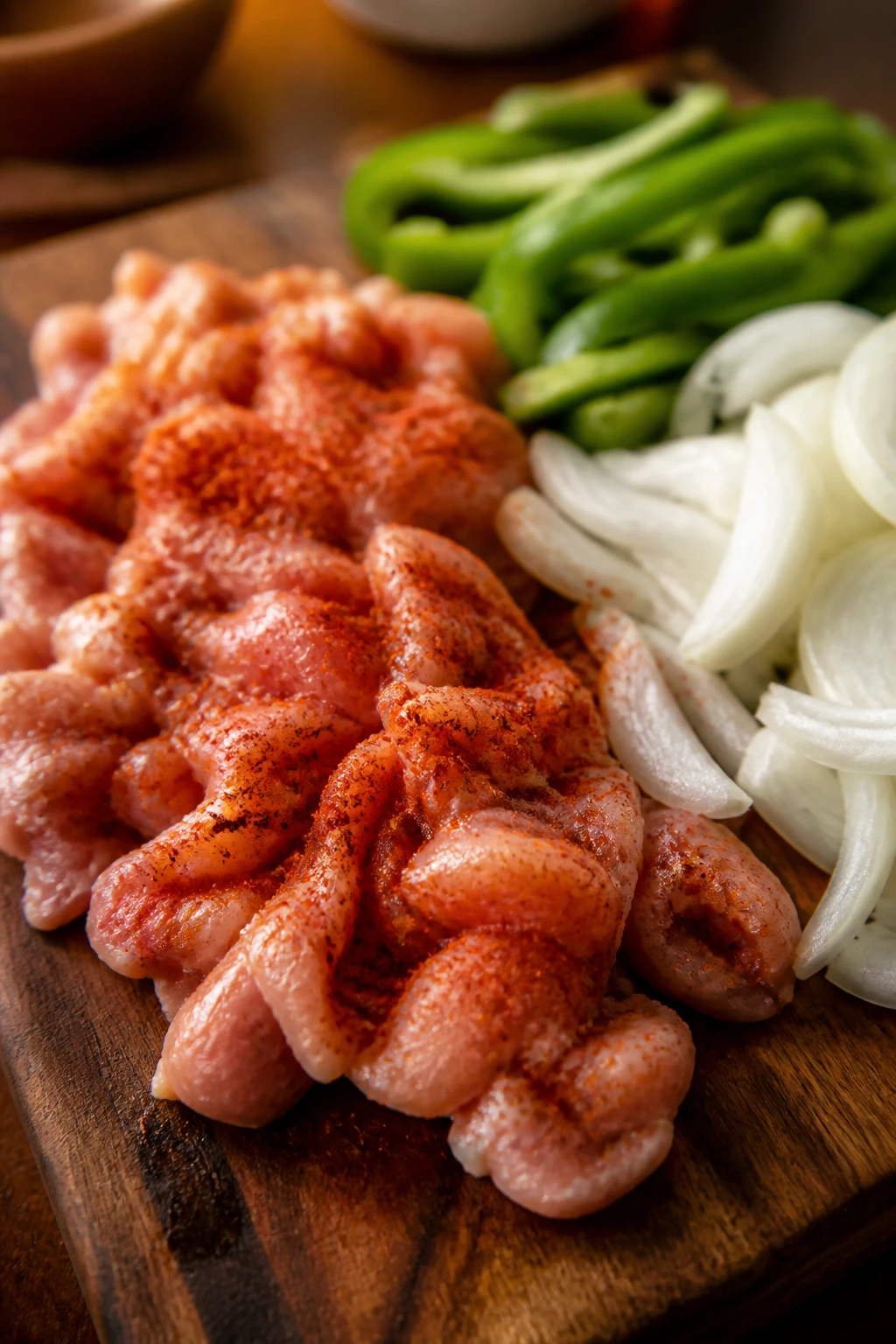 Raw chicken thigh strips with paprika beside onion and pepper on a cutting board