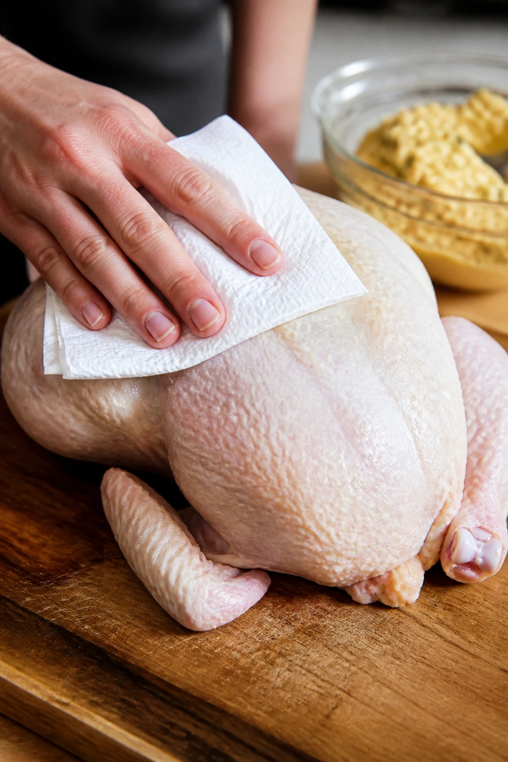 Pat-dried chicken on cutting board with butter paste nearby