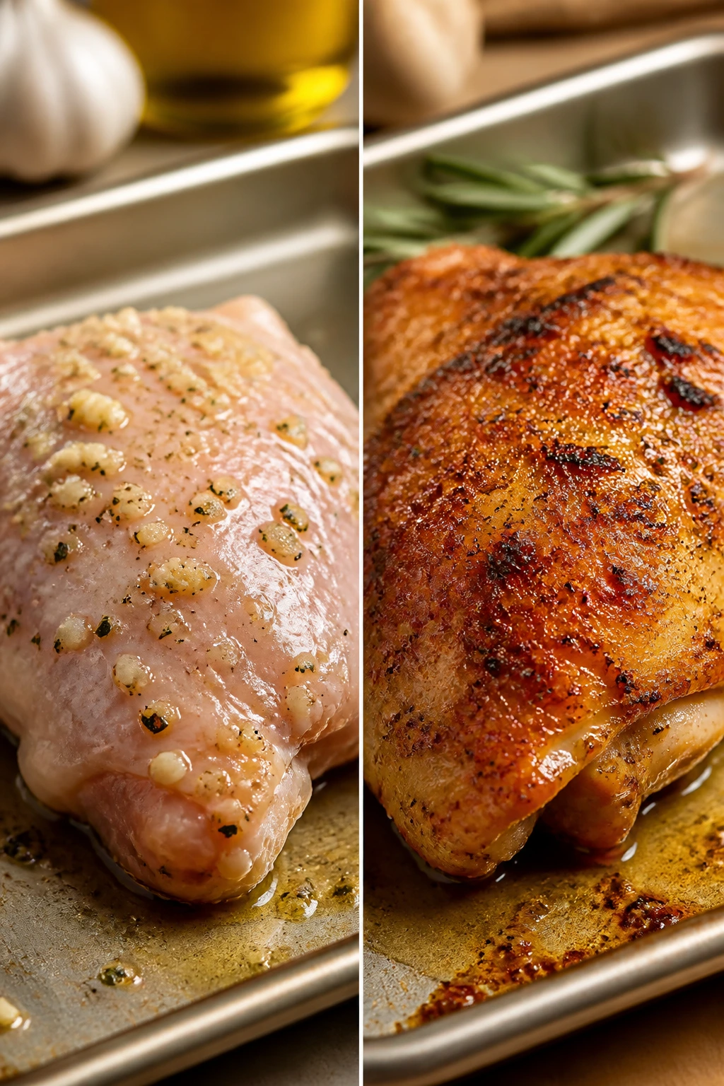 Split-frame showing raw chicken thigh beside a golden, crusted roasted thigh.