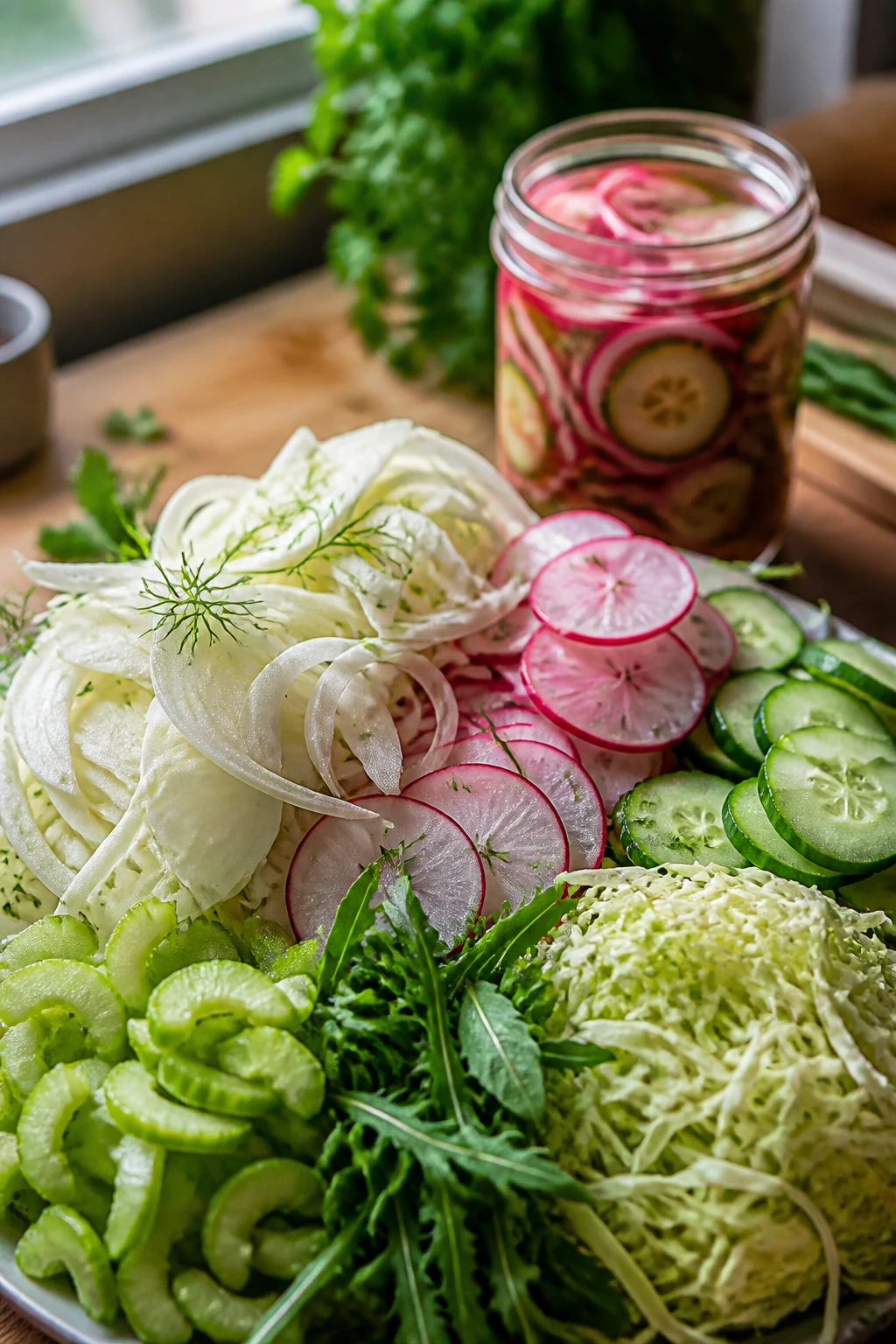 Close-up of crisp shaved fennel, radishes, cucumber, celery, arugula and cabbage with quick-pickles on a kitchen counter