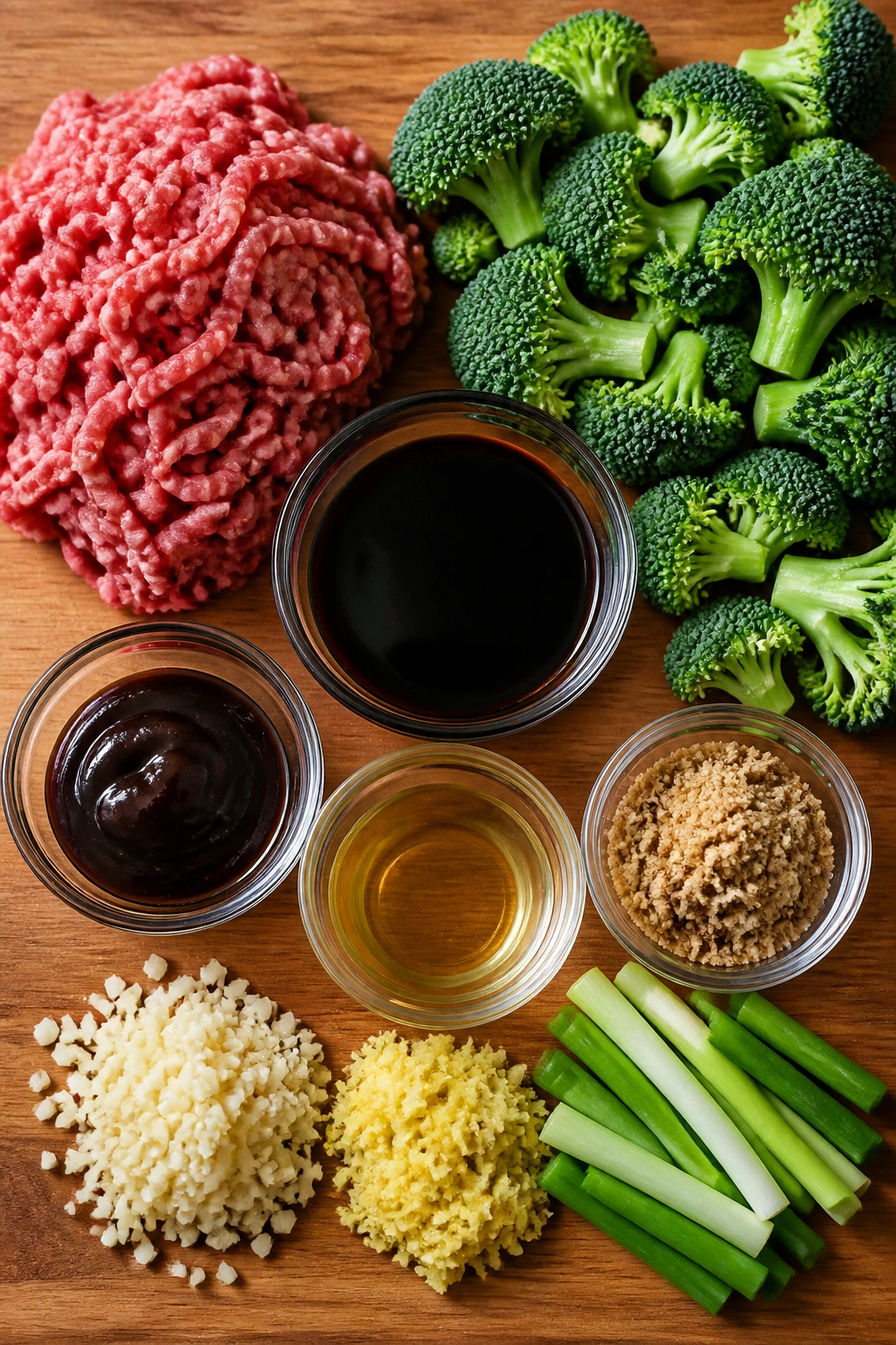 Raw ingredients for beef and broccoli skillet arranged on a board