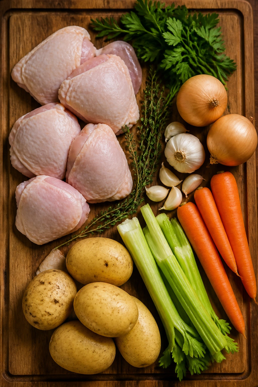Top-down view of raw ingredients for the creamy chicken pot on a cutting board