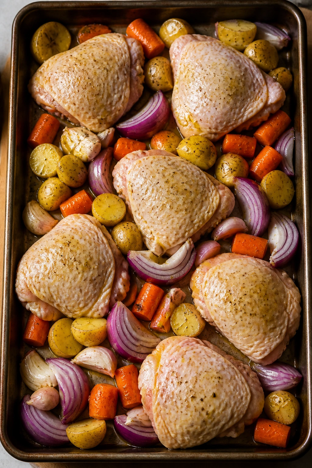 Raw ingredients arranged on sheet pan for roasting