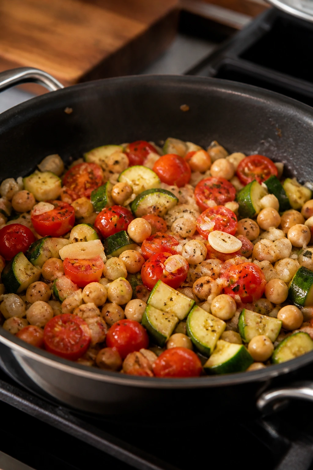 Skillet with onions, zucchini, tomatoes, chickpeas starting to cook