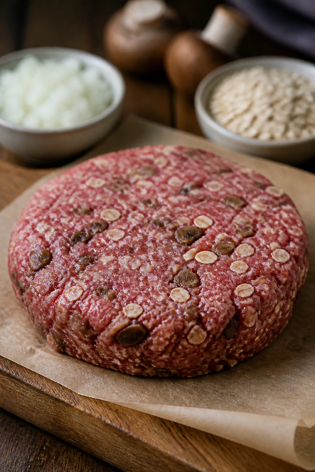 Raw beef patty with mushrooms and oats on parchment on a cutting board