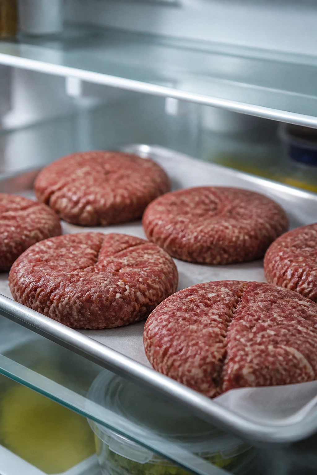 Raw burger patties on parchment in a refrigerator for make-ahead storage