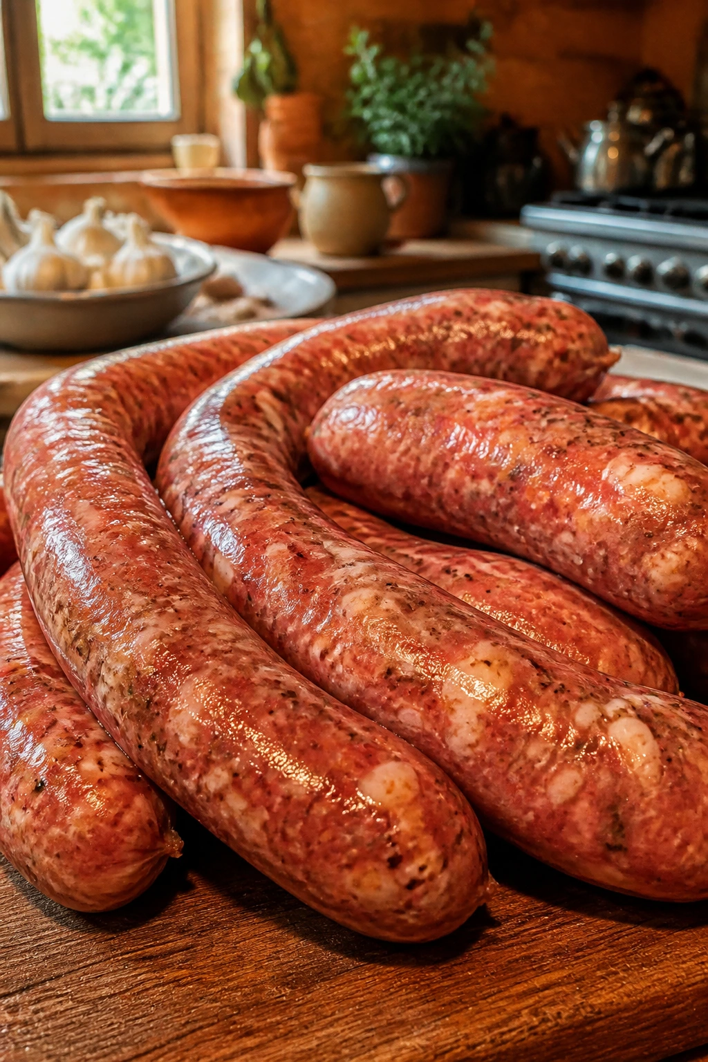 Close-up of raw Italian sausage links on rustic board in cozy Italian kitchen