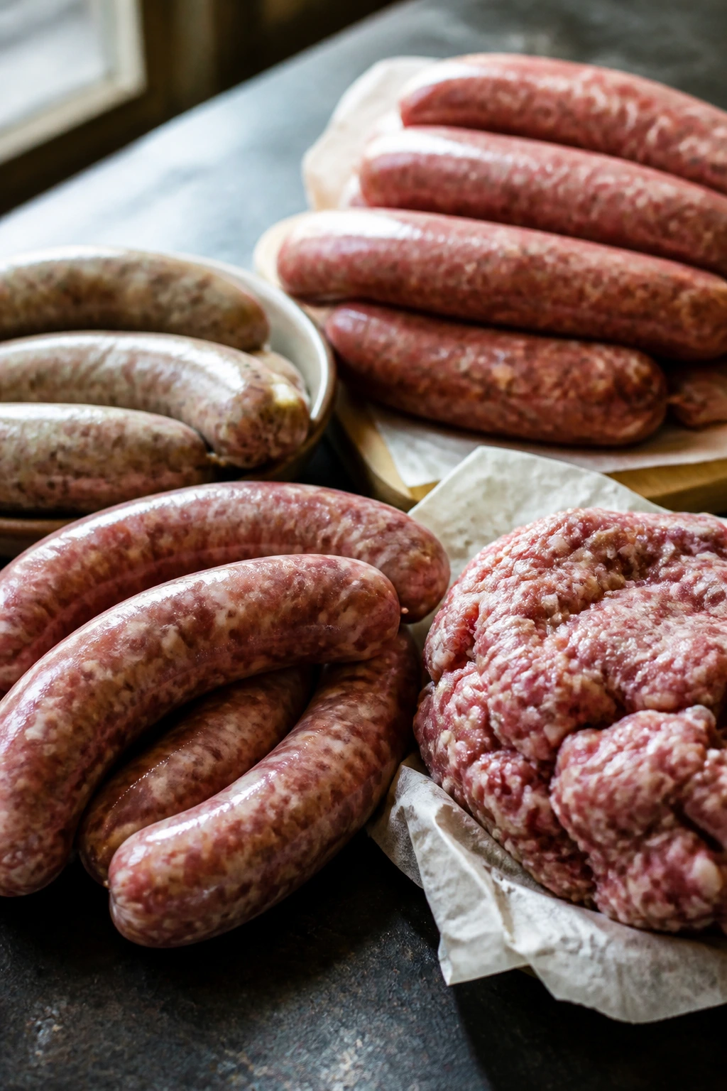 Raw sausage links on a dark kitchen counter in natural light.