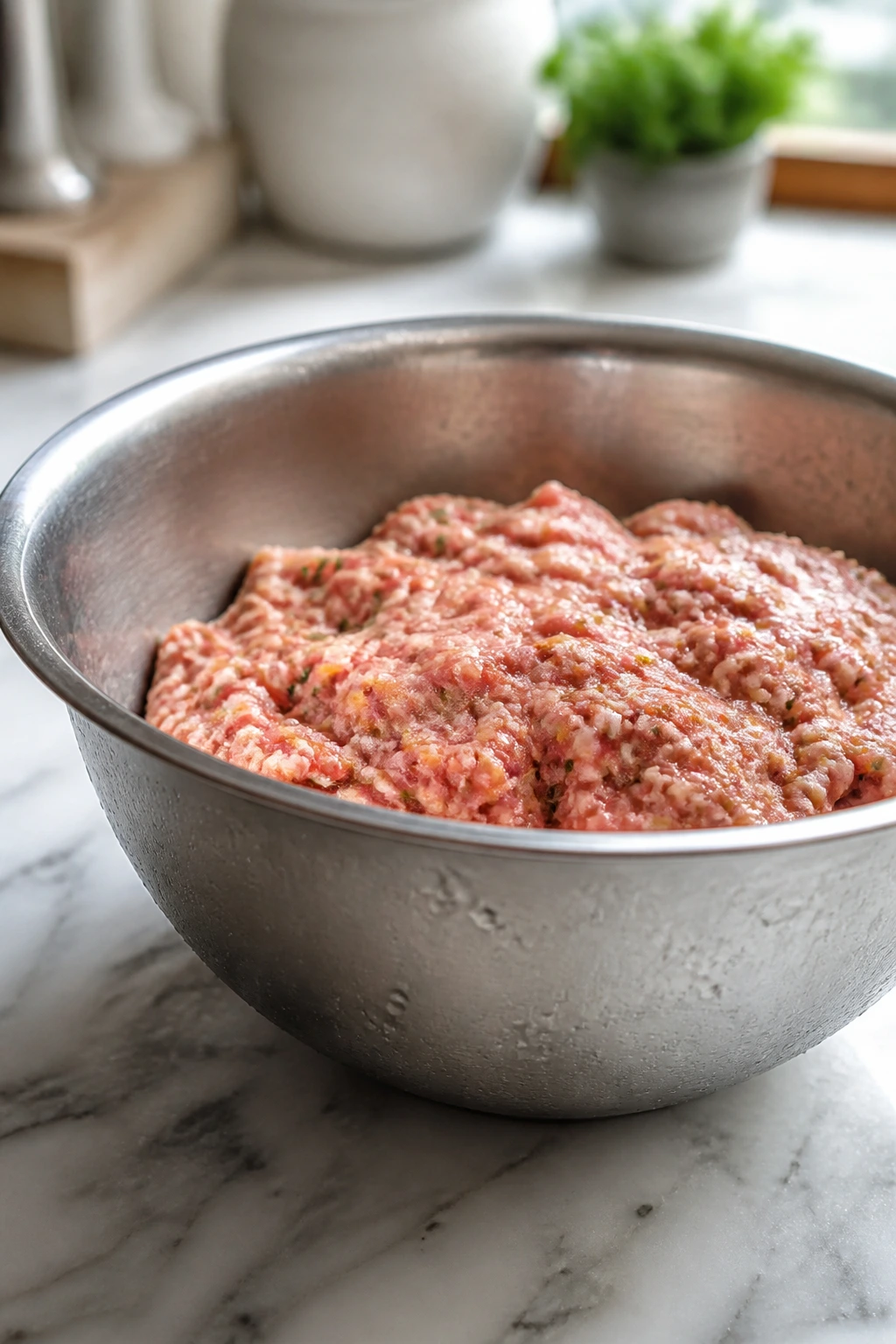Raw Italian sausage mixture in a cold bowl on a countertop.