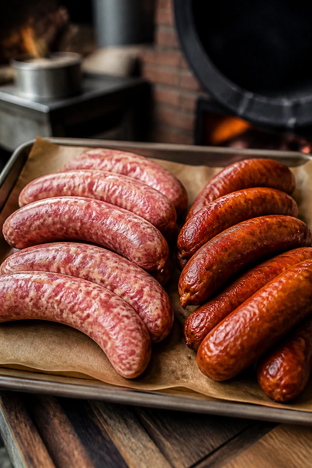 Raw and pre-cooked sausages separated on a tray