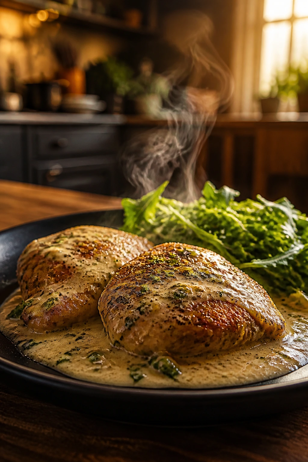 Finished creamy pan chicken plated with glossy sauce