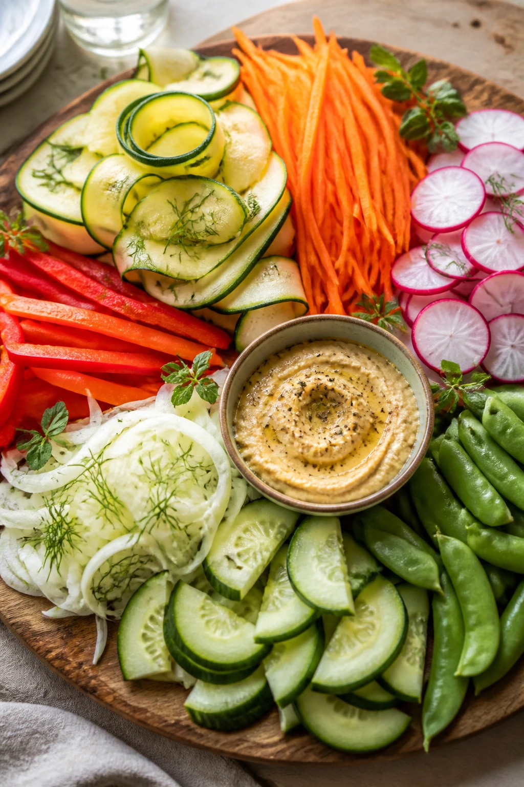 Colorful raw vegetable platter with varied shapes and textures on a board.
