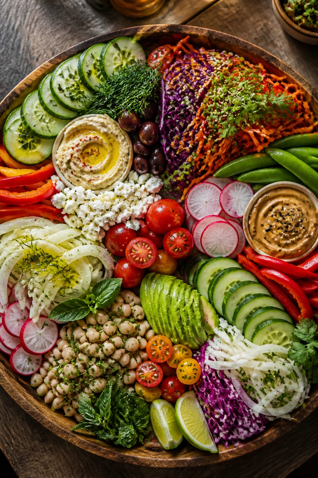 Close-up board of five raw-vegetable variations on a wooden platter