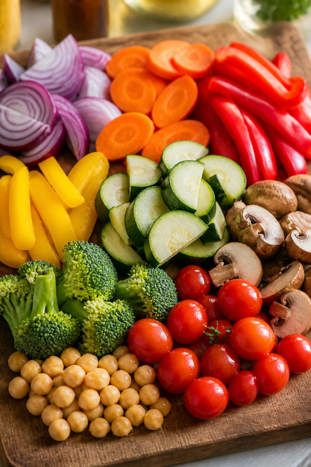 Raw vegetables and chickpeas on a cutting board ready to roast