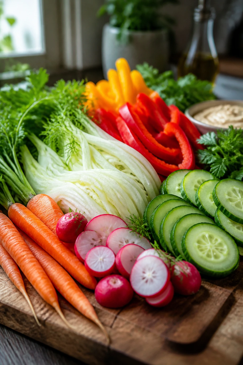 Close-up of fresh raw vegetables on a wooden board, crisp textures and bright colors.