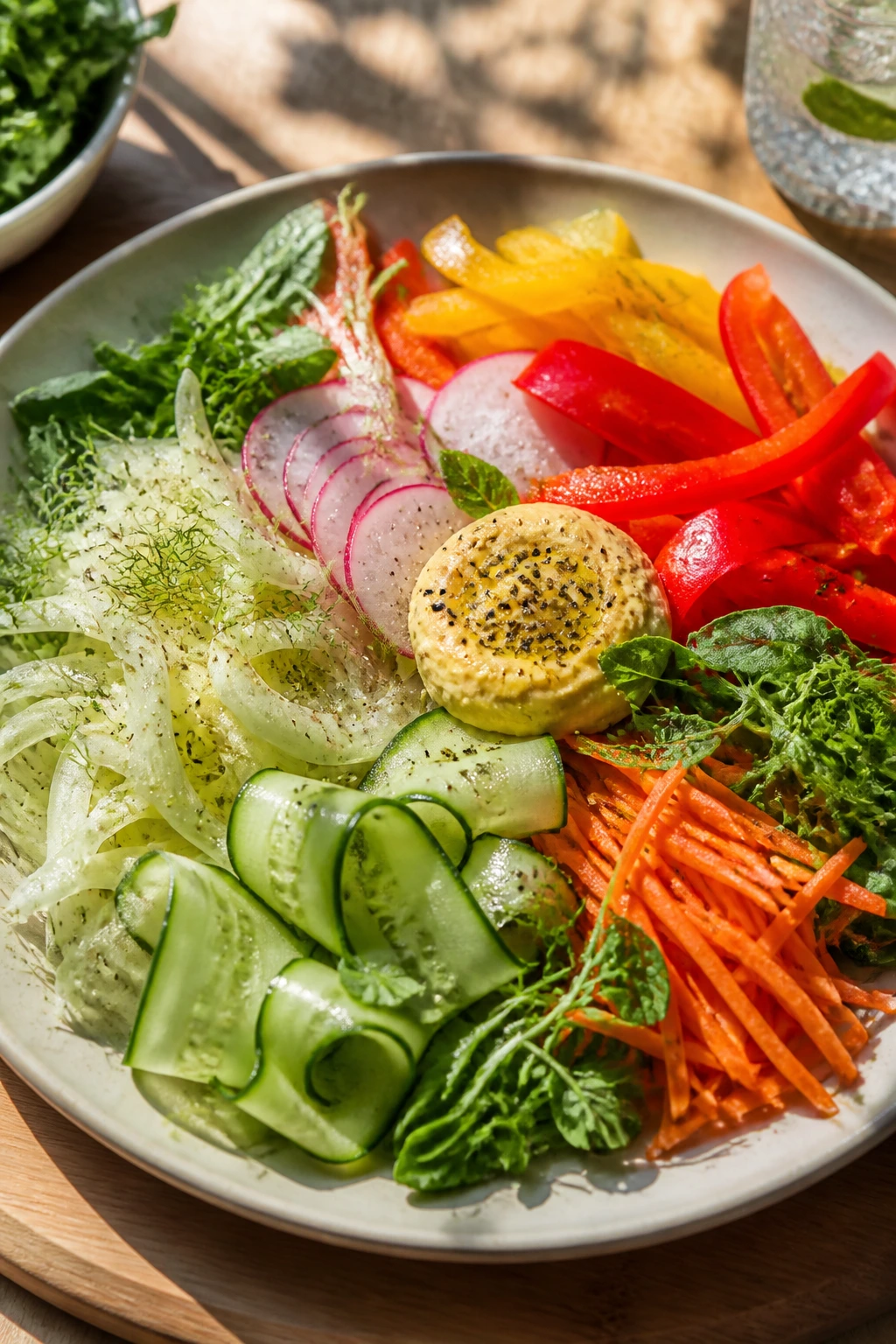 Plated raw vegetables arranged as a main dinner course