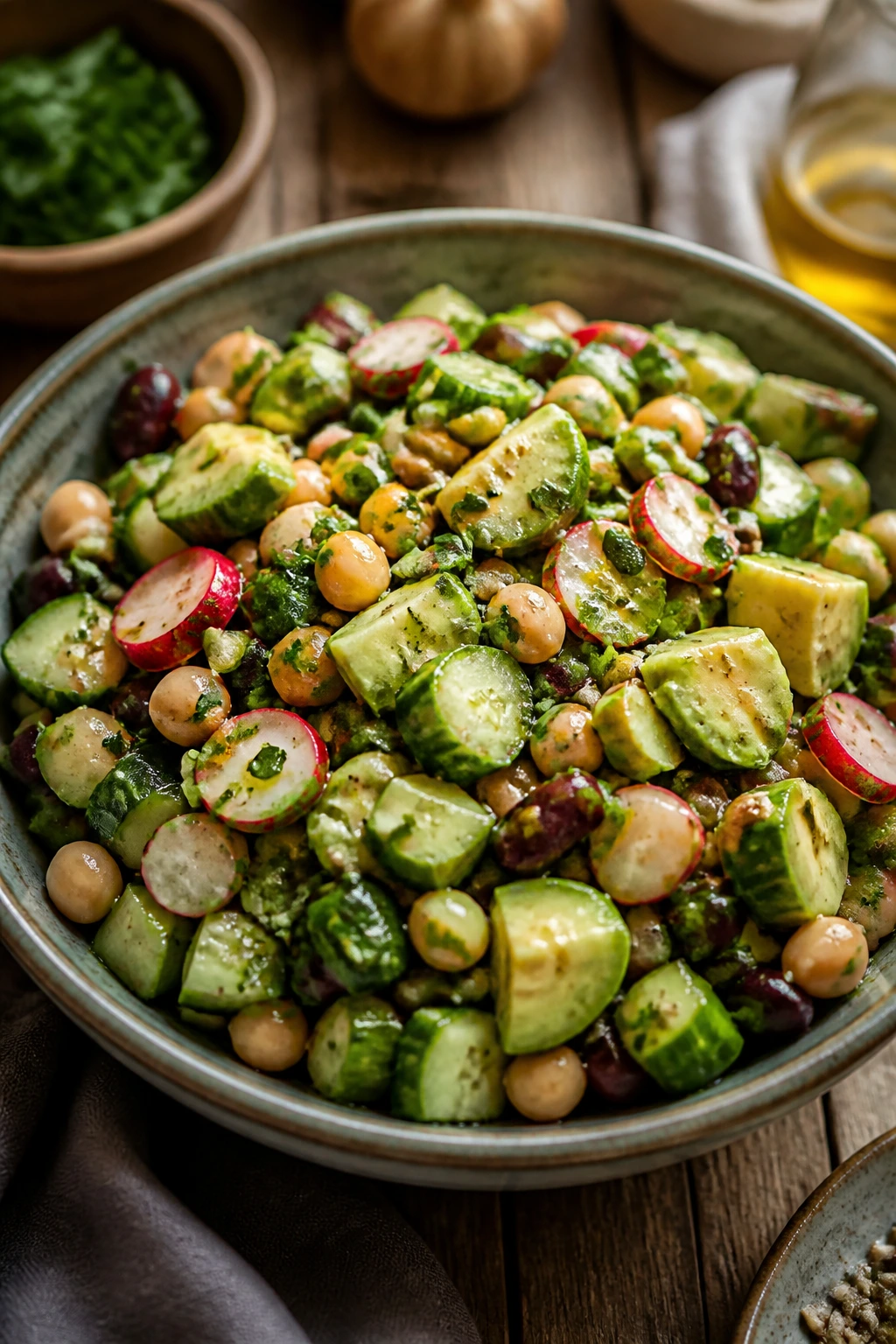 Close-up of a vibrant chopped salad with cucumber, radish, avocado on a wooden table