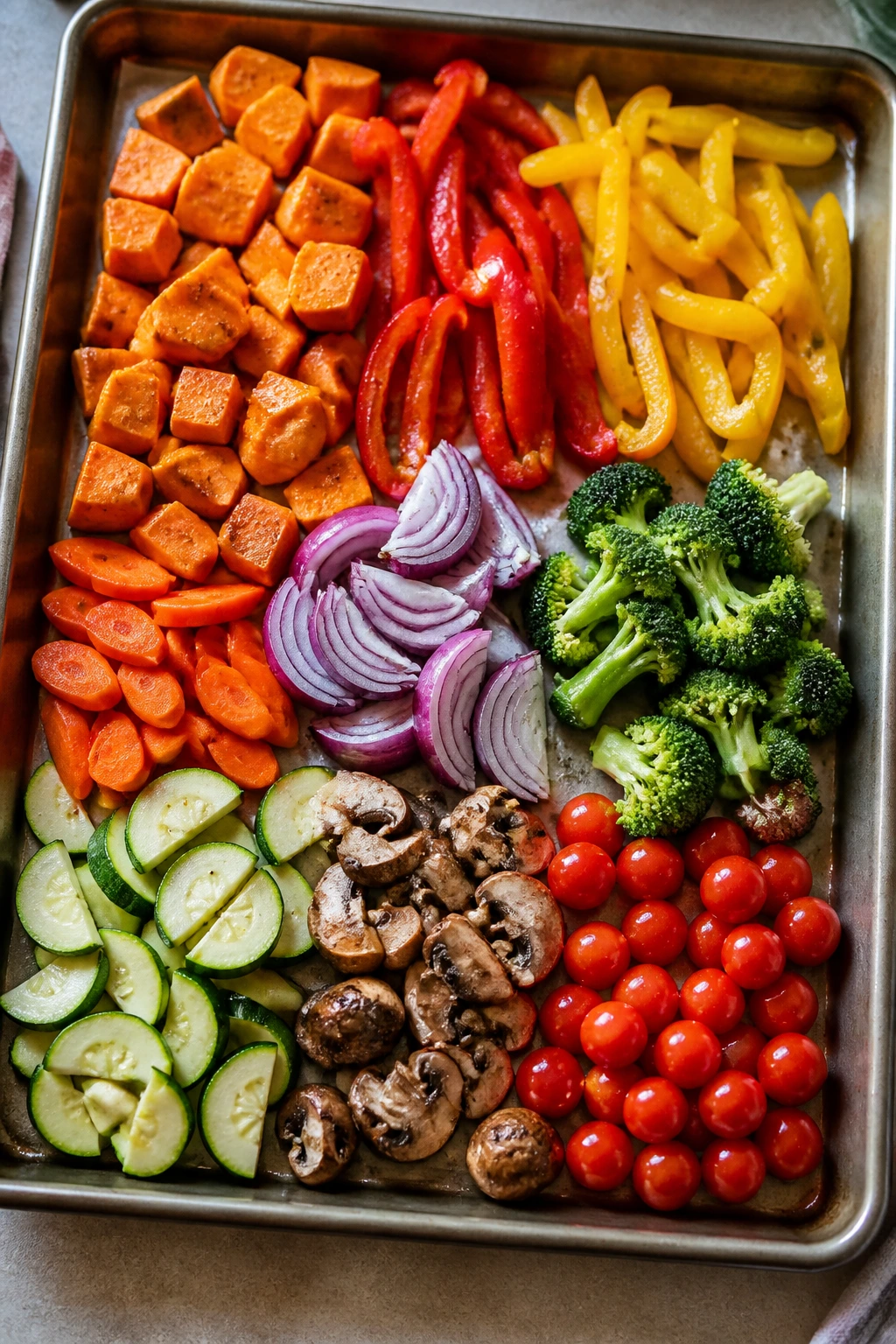 Raw vegetables arranged on a sheet pan ready to roast
