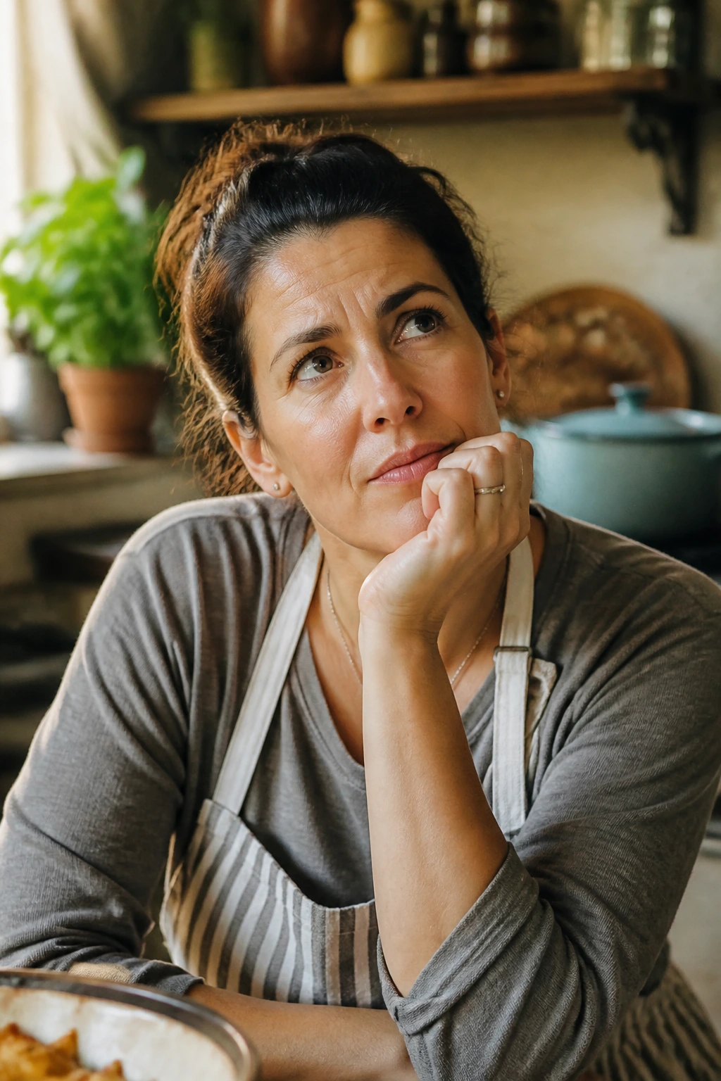Close-up portrait of a thoughtful home cook in a warm kitchen, representing questions before baking