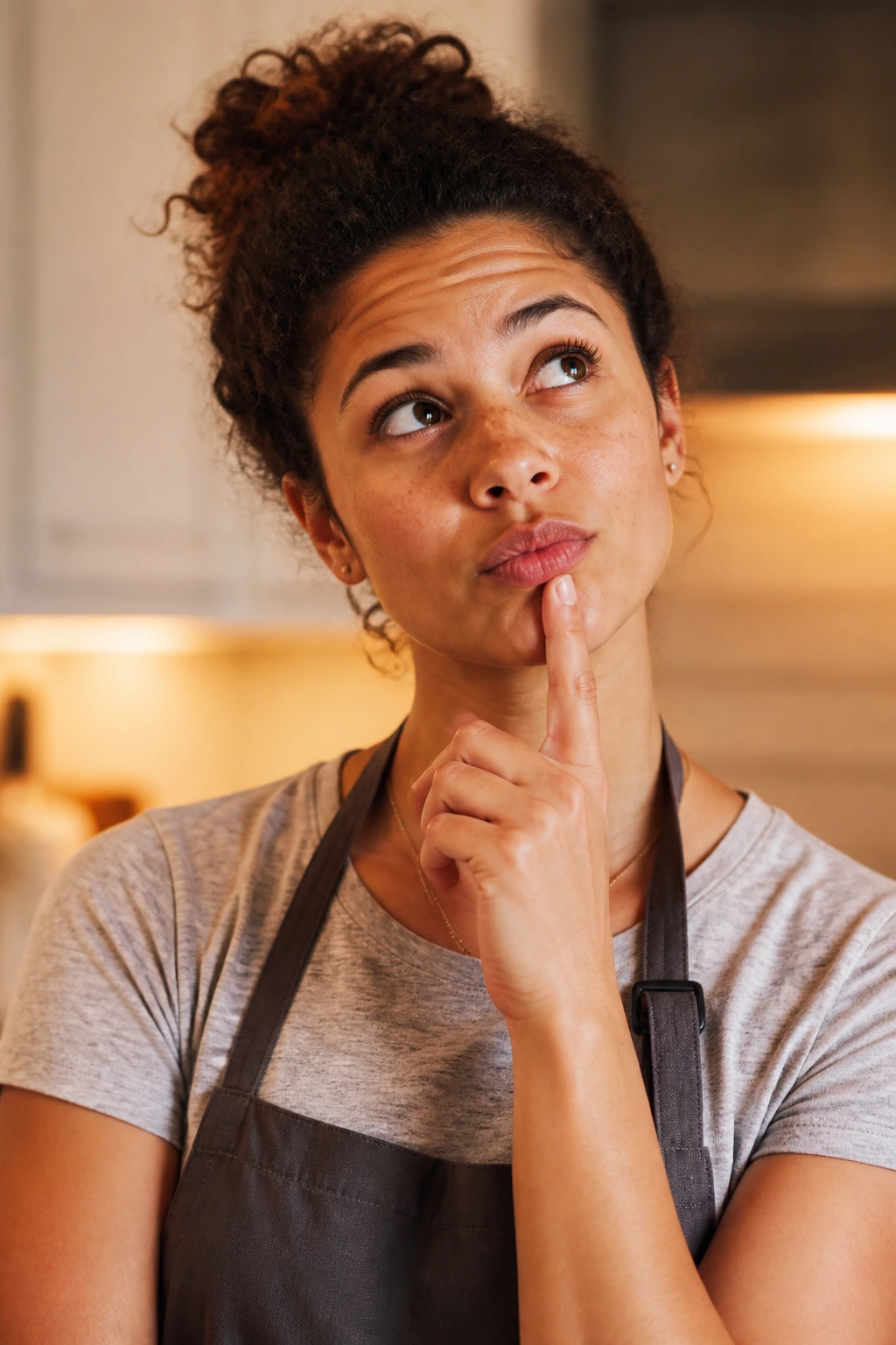 Real person in a cozy kitchen with a thoughtful expression