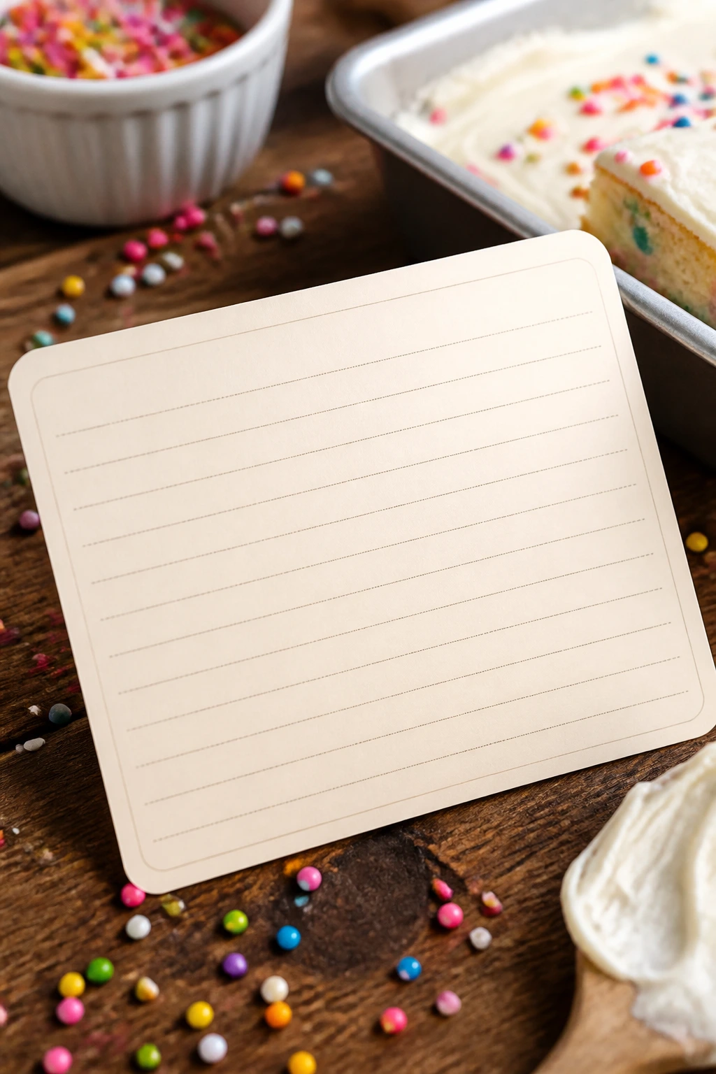 Close-up of a blank recipe card on a kitchen counter with sprinkles