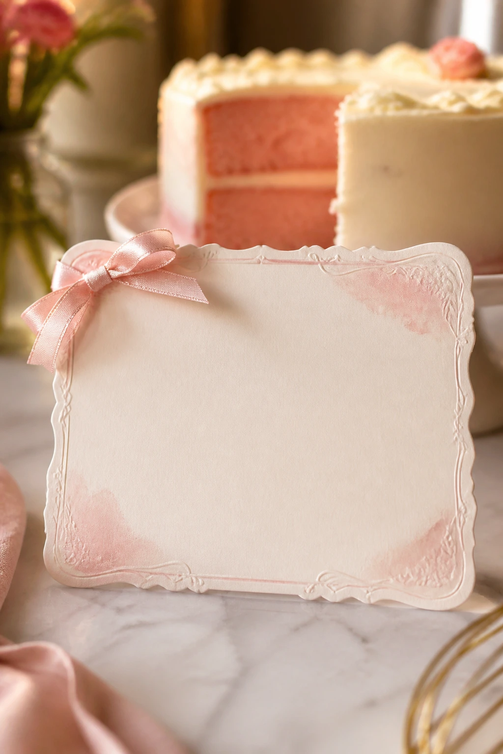 Recipe card dominating frame with a pink champagne cake softly blurred in background