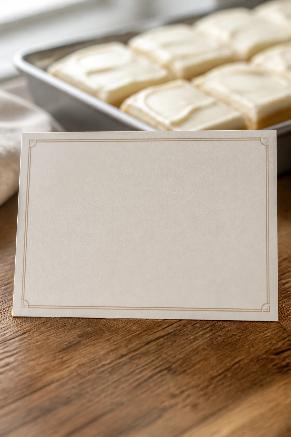 Close-up of a blank recipe card on a counter with blurred sugar cookie bars in the background