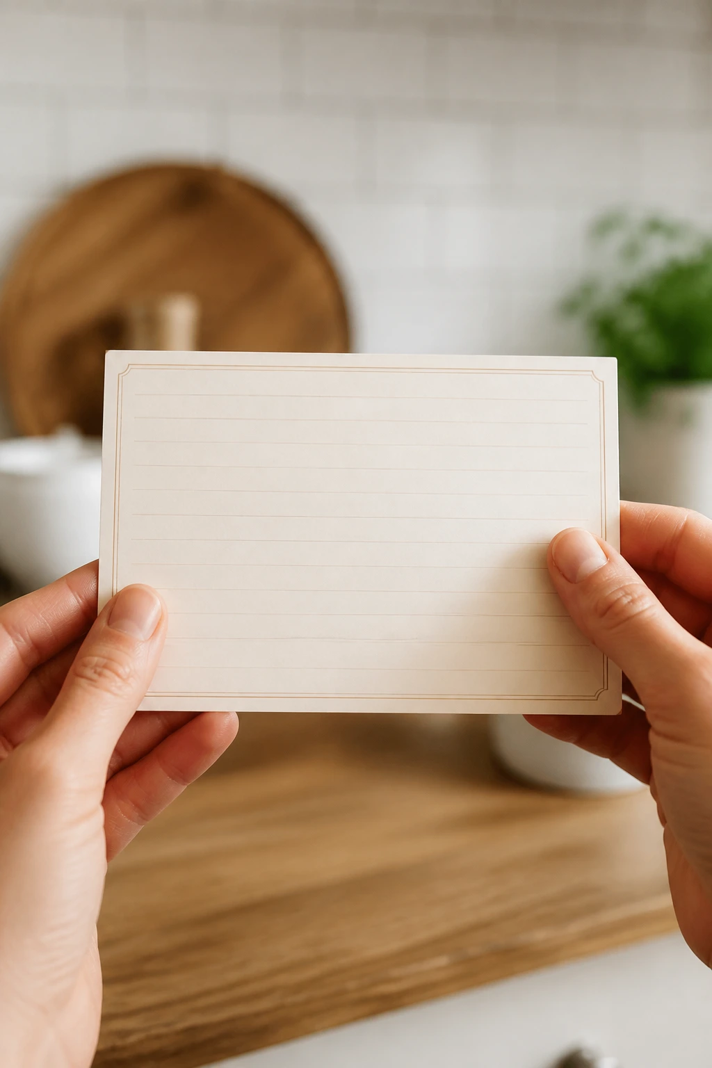 Hands holding a blank recipe card in a bright kitchen, recipe card dominates frame