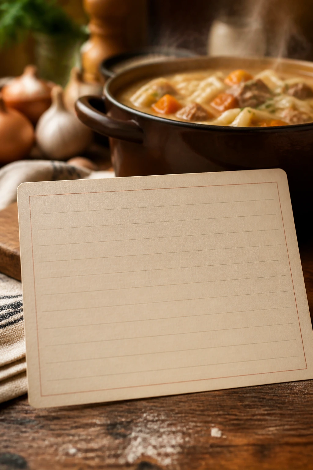 Blank recipe card on kitchen counter with soup in the background