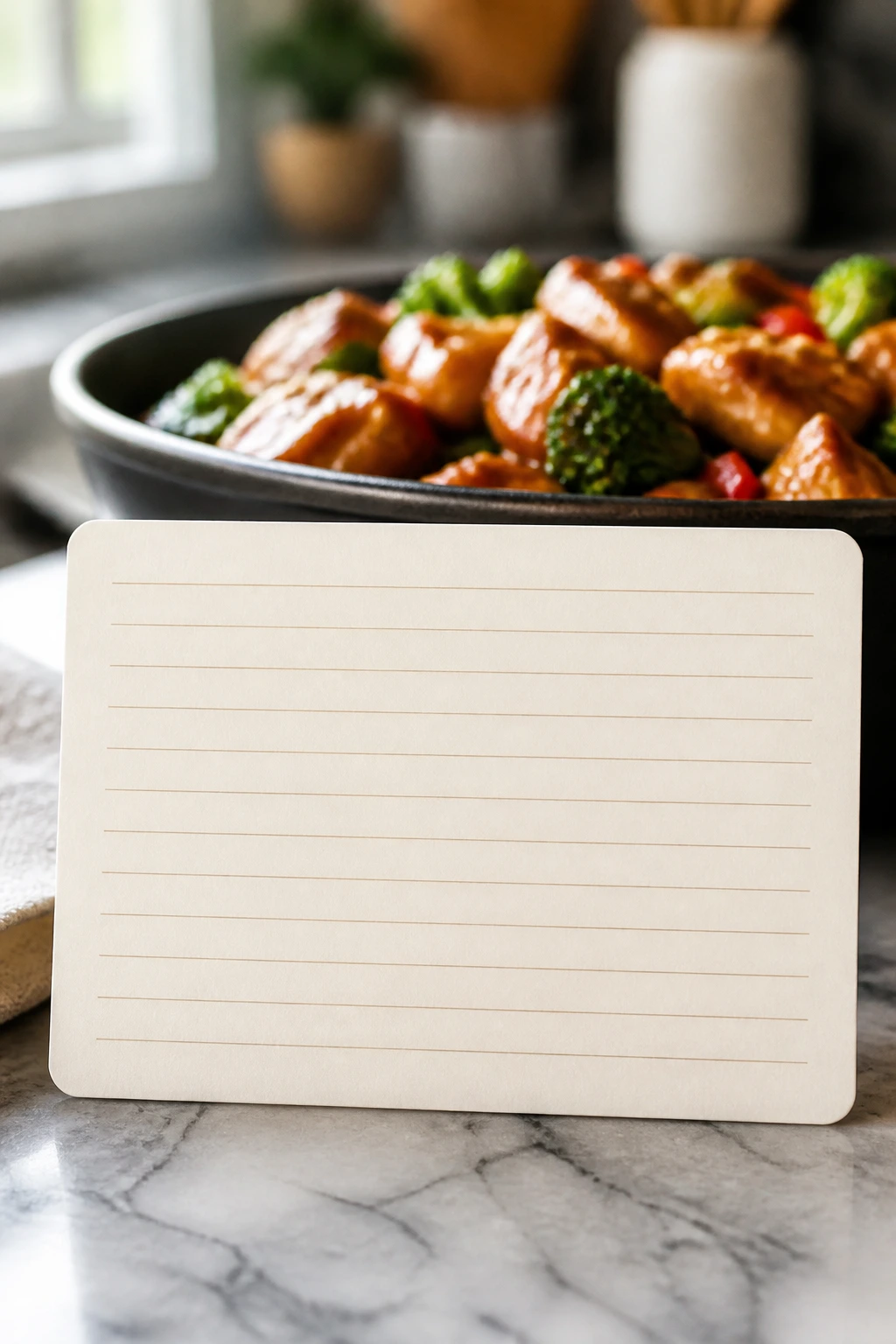 Blank recipe card foreground with blurred sticky chicken stir fry in a kitchen