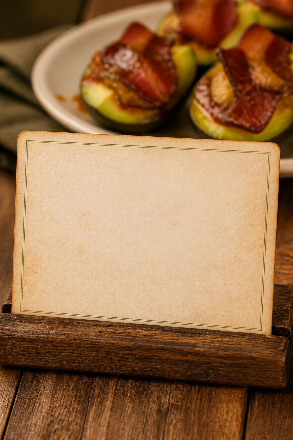 Blank recipe card on wood with blurred plated dish in background