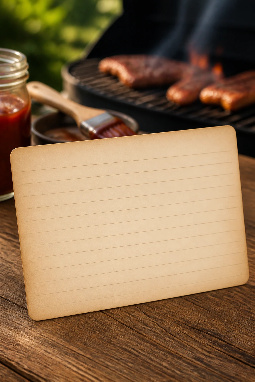 Blank recipe card on a wooden table with blurred grill in the background