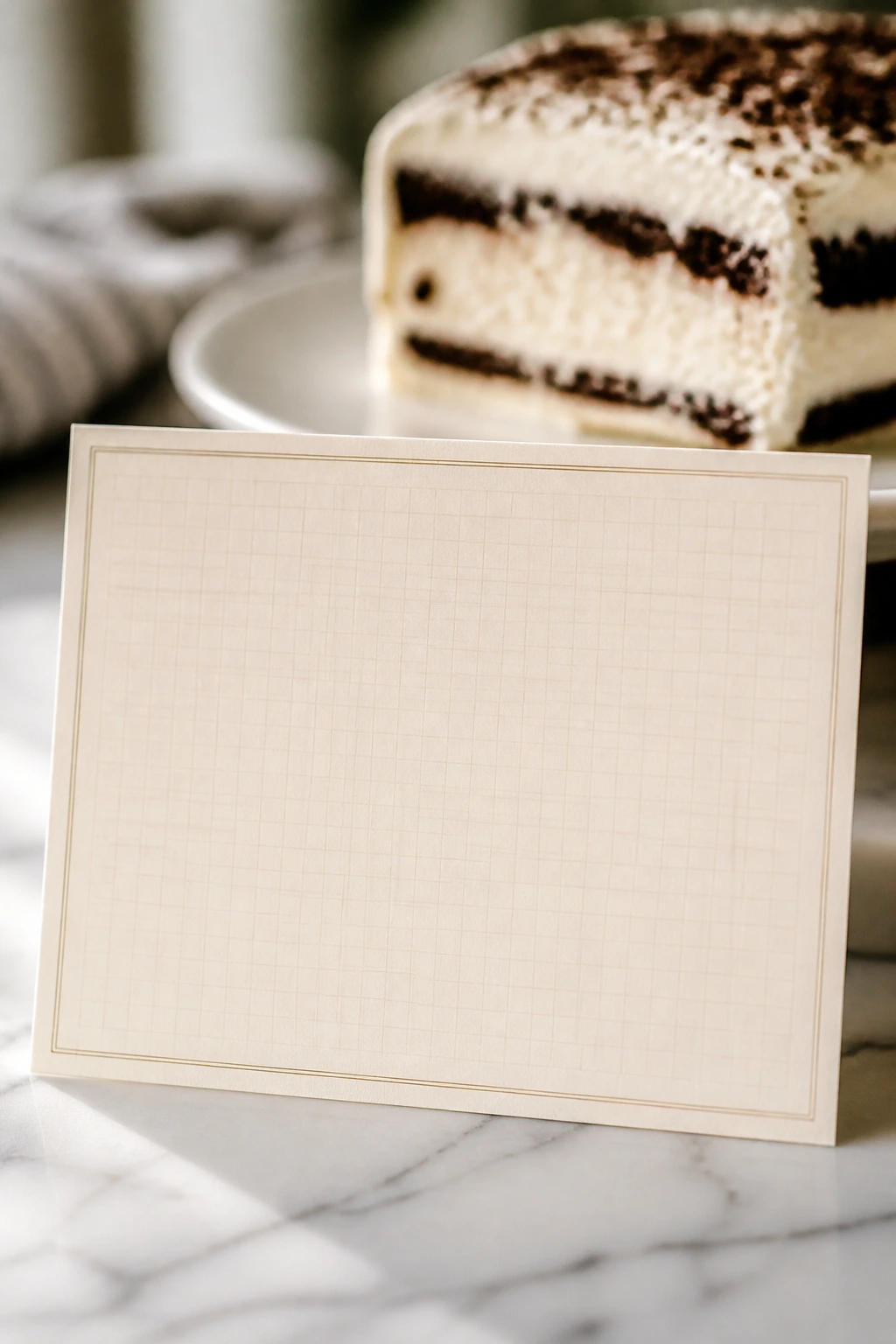 Blank recipe card on a kitchen counter with cake in background