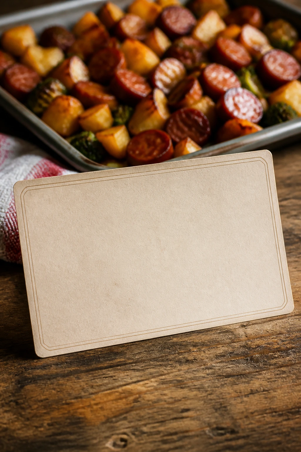 Close-up of a blank recipe card with a sausage sheet-pan dish blurred in the background