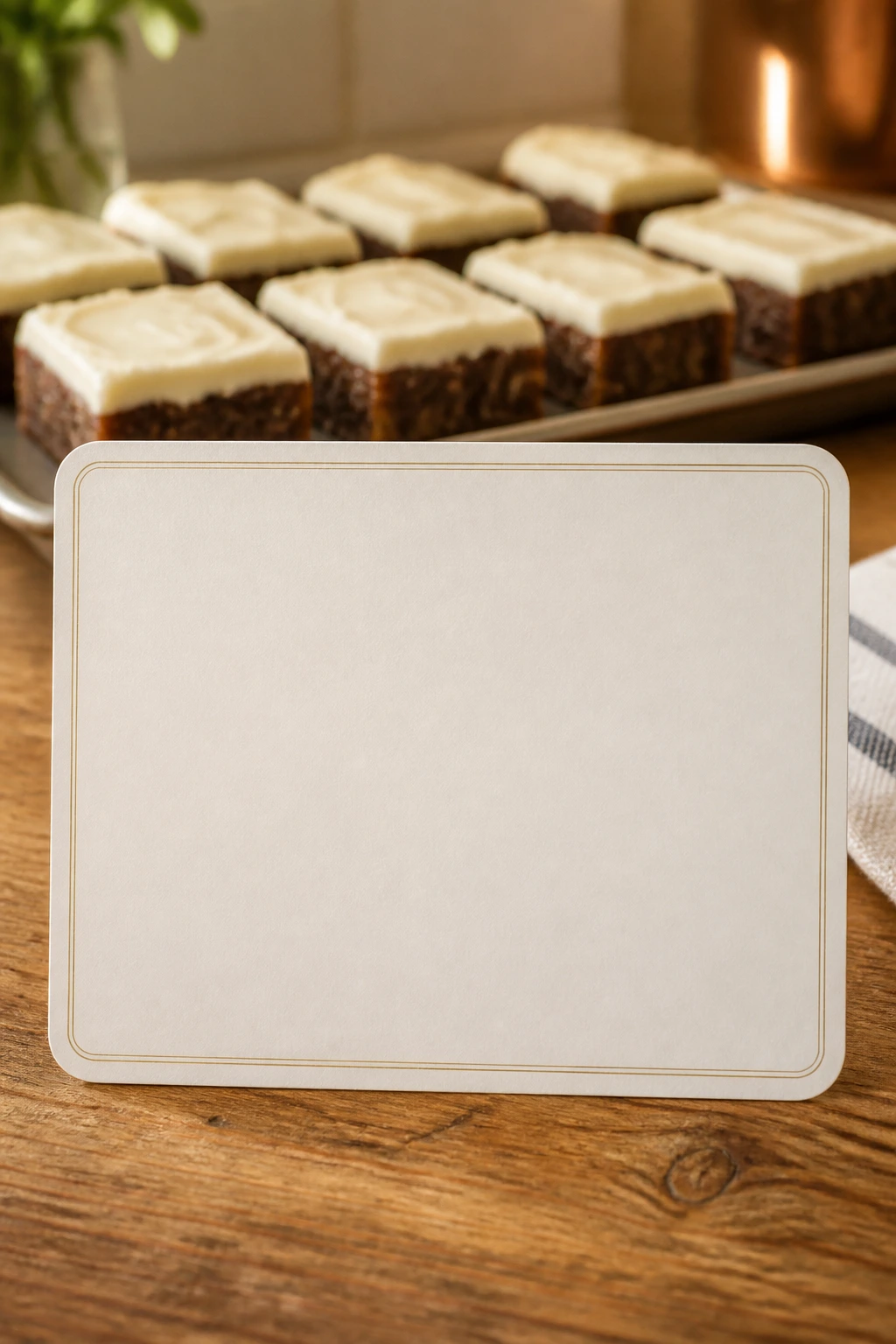 Blank recipe card on a kitchen counter with bars blurred in the background