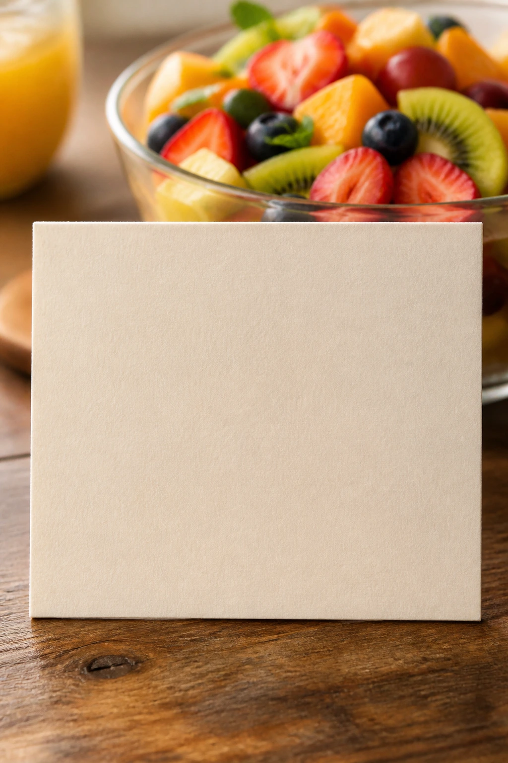 Close-up of a blank recipe card on a kitchen counter with blurred fruit salad in the background.