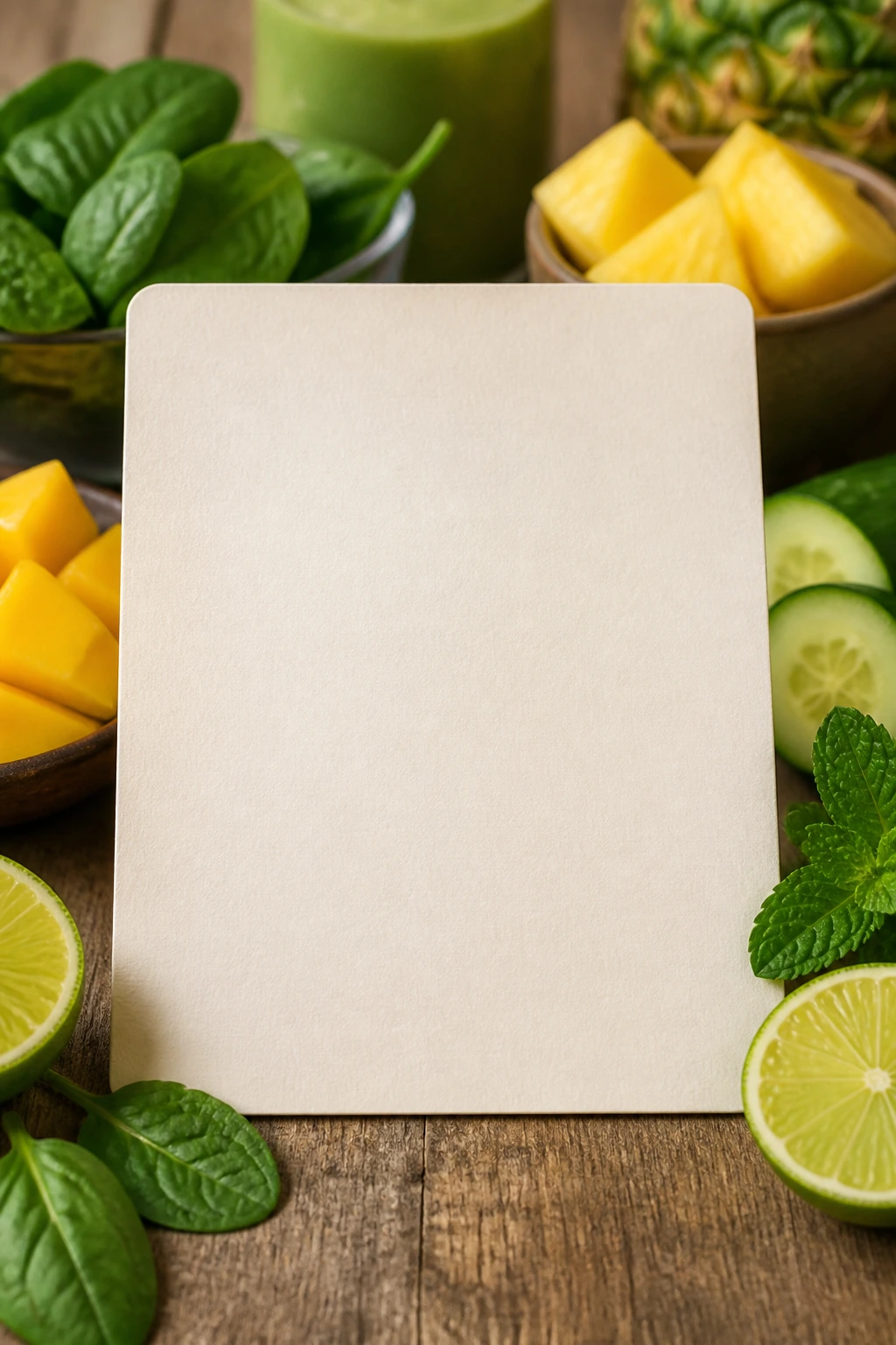 Blank recipe card with Green Goddess ingredients around in a kitchen