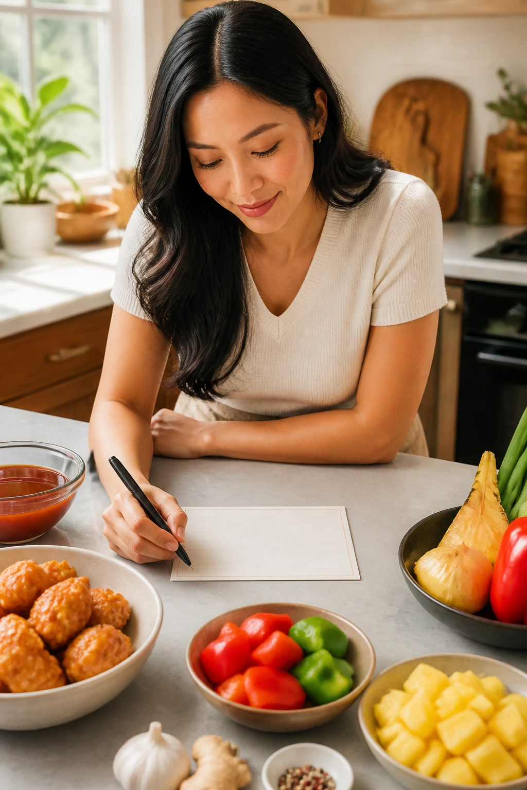 Real cook with blank recipe card and ingredients for Sweet and Sour Chicken